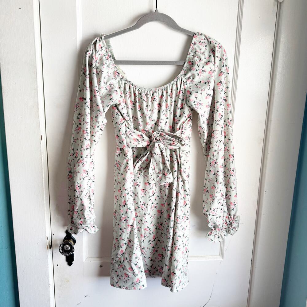 Altar’s State Lola Crossover Mint Green Pink Floral Mini Dress Fit & Flare M - Picture 14 of 16